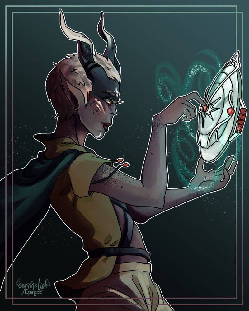 A digital painting of a tiefling gith with grayish purple skin and dark black markings both in splotches on the cheeks and shoulders and also a gradient dark black on the forehead. She is facing to the right and holding a gith tablet in her hand and doing some kind of magic on it. She has short white-gray hair and long curling horns that gradient into a white from black.
