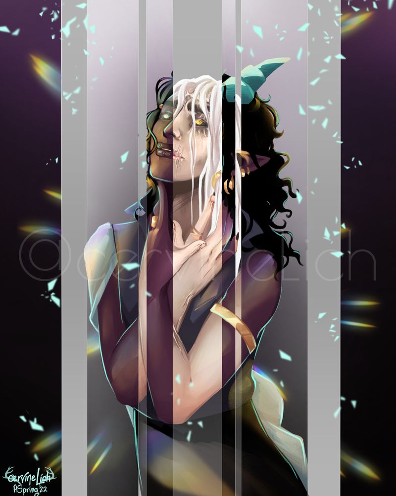 A digital waist-up painting of a tiefling with dark purple skin, curling black shoulder-length hair and bright cyan horns. He is wearing a lot of gold jewelry and a loose shirt with a half-cape. He is looking up into a beam of light and crossing his arms over his chest. There are light shimmers coming off of him. In some areas where the beam of light is hitting him he is shown to be a changeling with pale white skin and hair and covered in scars.