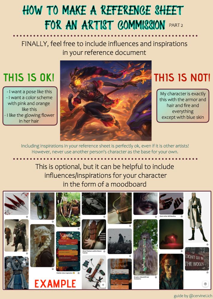 Part 2 of the diagram explaining how to gather good references for your character which is mainly about inspirations. It has a picture on it of a female character leaping with fiery armor and a long braid and explains that requesting a character exactly as the reference is bad form, but taking small inspirations from other images is ok! At the bottom of the page is an example of a mood board containing multiple images that are general aesthetics for the character.