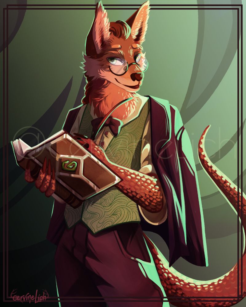 A waist-up digital painting of an orange coyote-dragon mixed furry. He is holding a thick book and looking at the viewer with a small smile. In his other hand he is holding a long pipe. He is also wearing fancy clothes including a burgundy sport jacket, burgundy slacks and a green vest with a little matching burgundy bowtie.