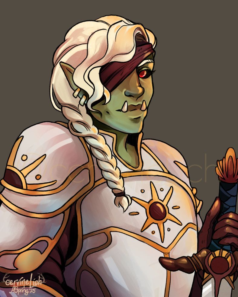A digital painting from the chest up of a nonbinary half-orc with an underbite and off-white hair in a braid over one shoulder. They have an eyepatch over one eye, the other eye is bright red. Their armor is white and gold and has emblems of the sun for the morning lord.