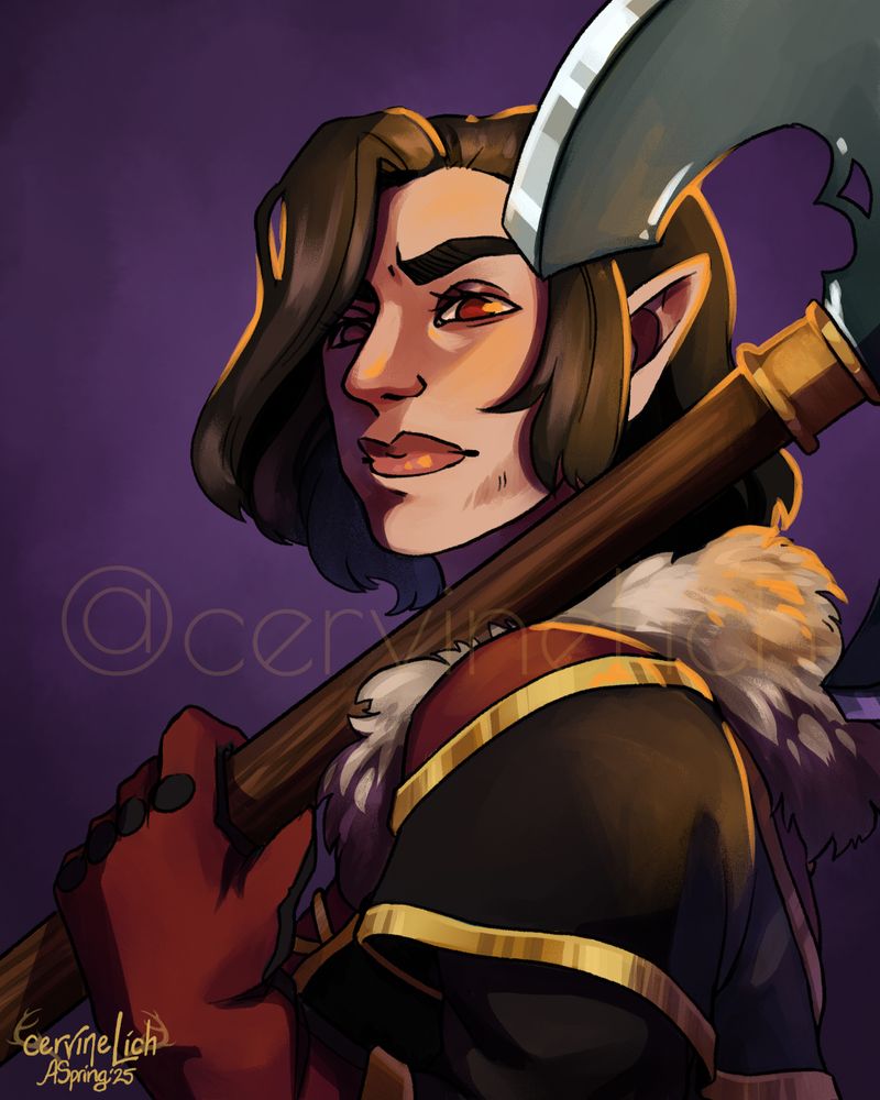 A digitally painted portrait of a pale skinned half elf with red eyes. She has a strong nose and jaw and shoulder length black hair. She is wearing black, gold and red winter clothing with a fur lining, and has an axe over one shoulder.