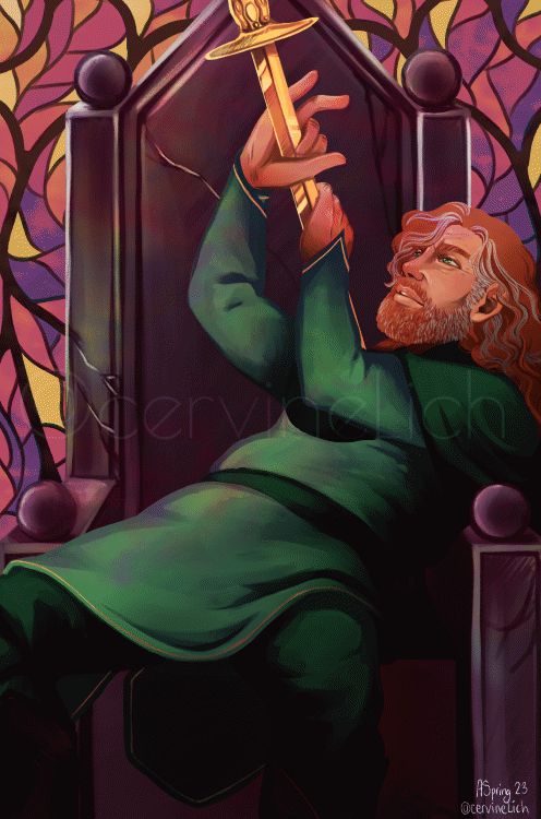 A digitally painted gif of a man lying back on a king's throne. He is lying across it and holding a sword which appears to be piercing him through the chest. He is wearing a deep green tunic with matching pants and has ginger-red hair with streaks of gray in it. Starting from the sword, the animation is of gold spreading down across his hands, arms and then eventually his whole body. The background behind the throne is a stained glass window.