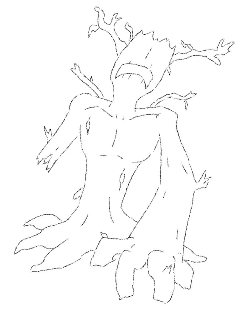 A digital sketch of a humanoid tree creature growing out of the ground and crawling toward the viewer.