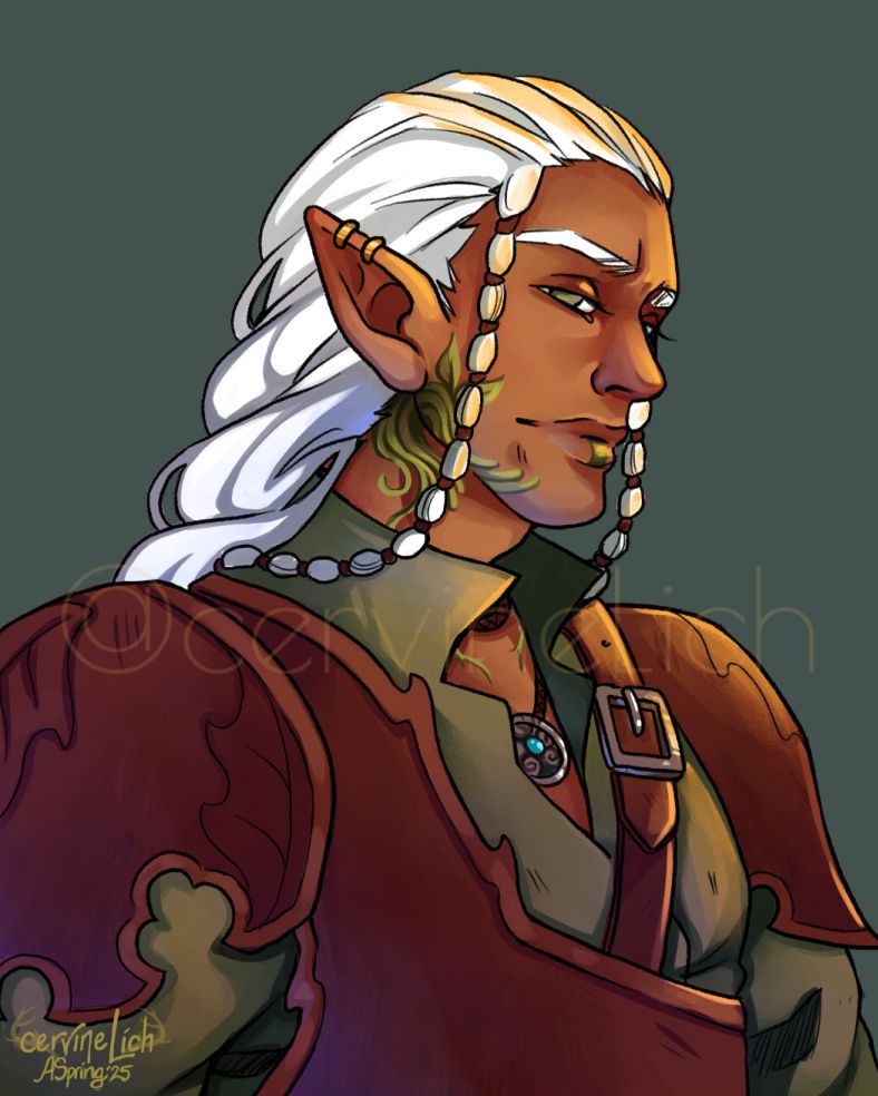 A digital painting of a woof elf with white hair from the chest up. He has medium brown skin and a long white haired braid with two strands over his ears. He is wearing basic leather armor and a green undershirt, with a necklace that has a blue gem in it.