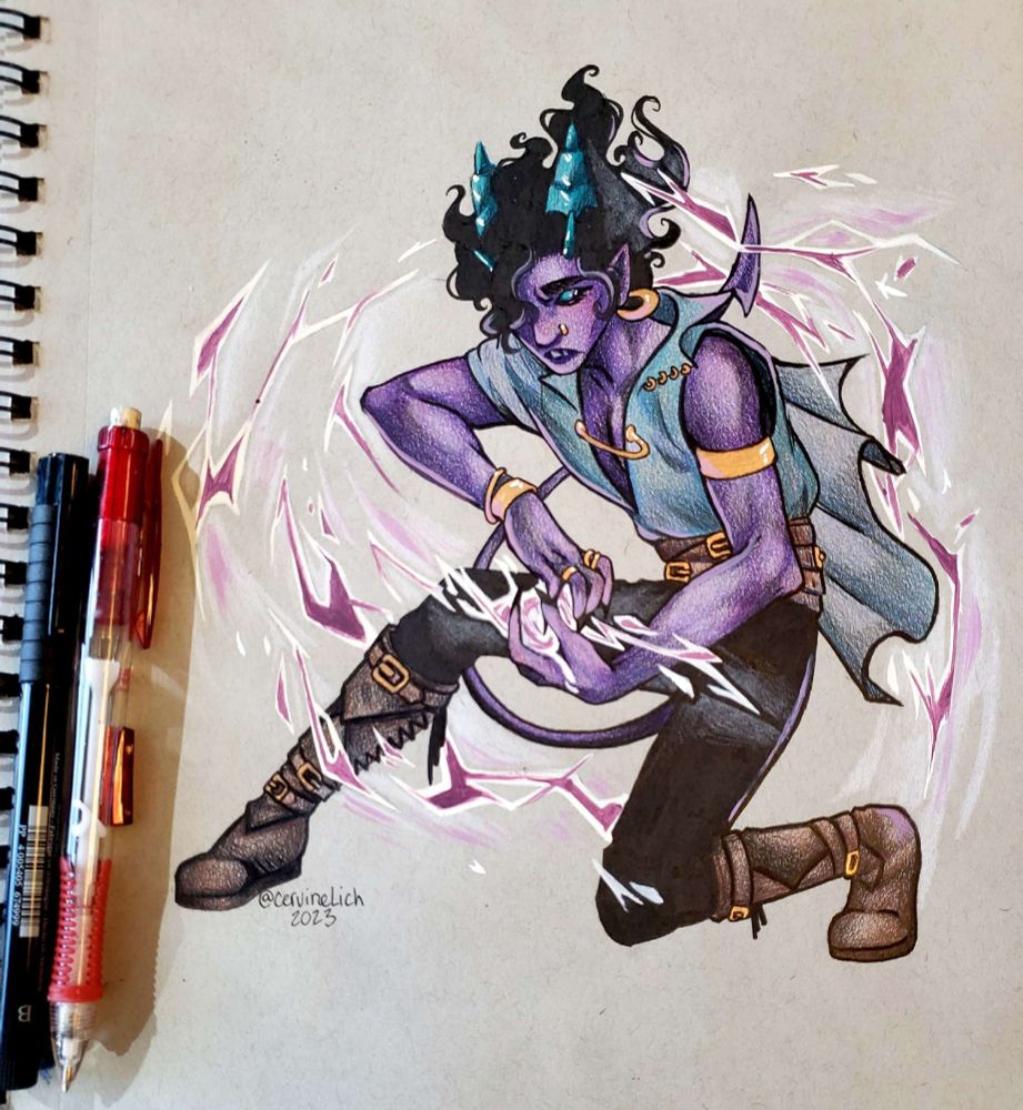 A colored pencil and ink drawing on gray paper of a purple tiefling with bright cyan horns. The tiefling is dressed in tight black pants and a loose open-front top with lots of buckle belts. He is also wearing a lot of gold jewelry as earrings, finger rings, bracelets, and a nose ring. He is crouched in an action pose with purple lightning magic around him.