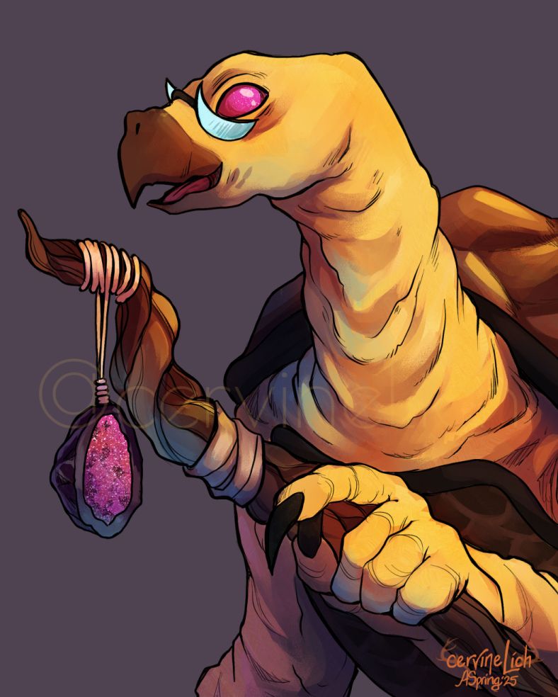 A digital painting of a tortle (turtle person) with yellow wrinkled skin and bright pink eyes. He is wearing half moon glasses and holding a gnarled staff that has a geode tied to the end of it.