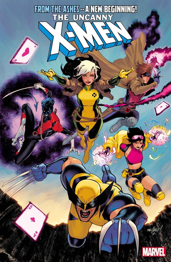 Cover to Uncanny X-Men #1, with Rogue, Gambit, Jubilee, Wolverine, and Nightcrawler leaping out at the reader. Art by David Marquez.