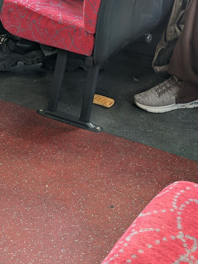 A sausage roll, no wrapper, on the floor of a bus, under a seat