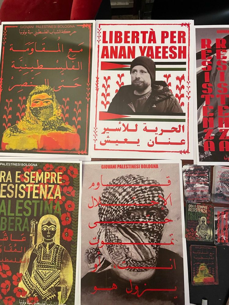 ensemble de 4-6 affiches avec des mentions "liberta per anan yaeesh", "Giovani palestinesi bologna", avec des motifs d'une femme avec arme, personne avec un keffieh. textes en arabe. 