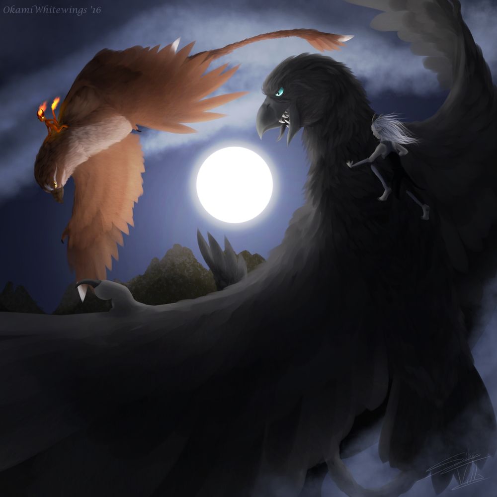 Painting of two dracostryx (bird dragons, specifically raptors) and their riders doing flight acrobatics during a full moon night.
Art from 2016