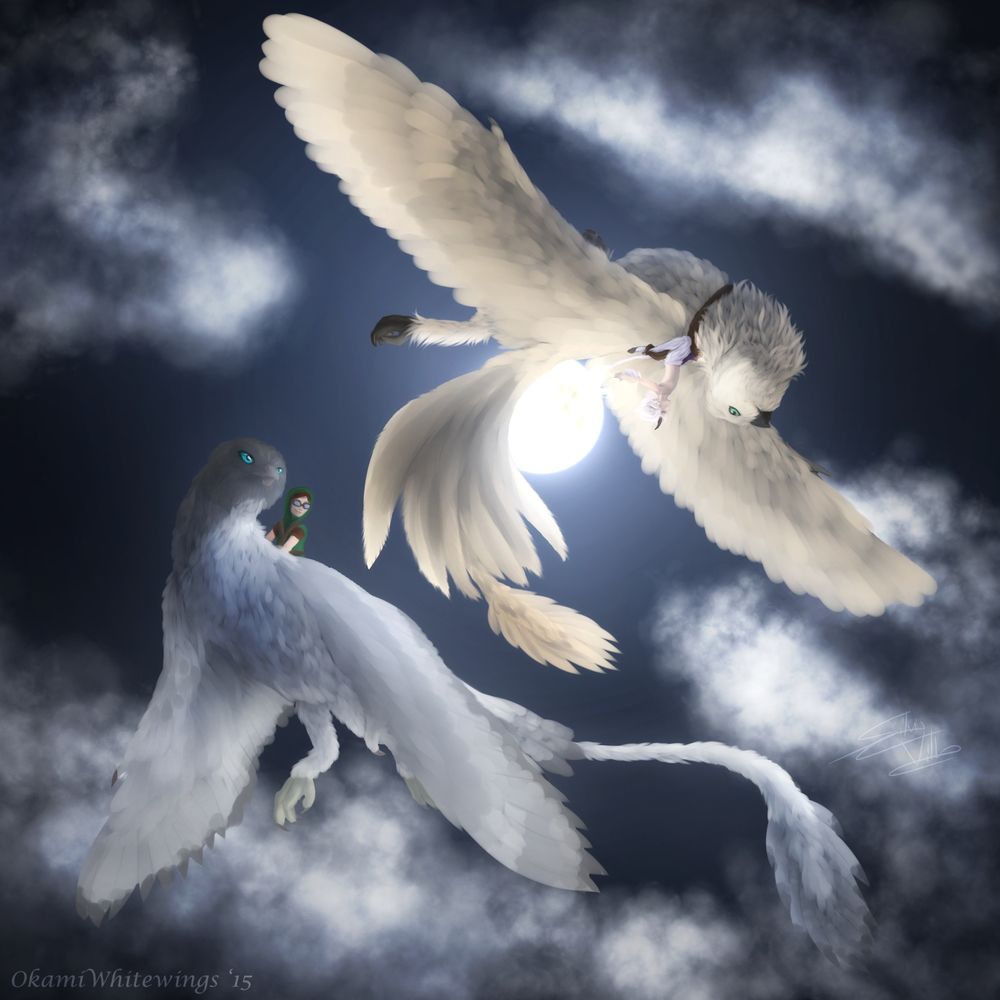 Painting of two dracostryx (bird dragons, specifically owls) and their riders doing flight acrobatics during a full moon night.
Art from 2016