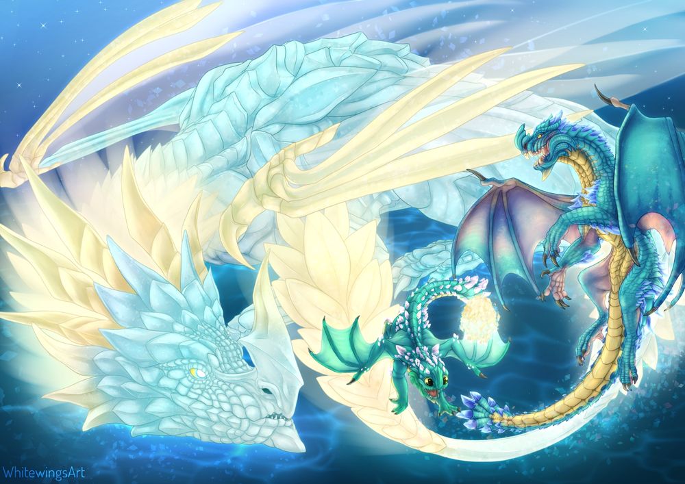 Fanart illustration of Aurene, the Elder Dragon of Crystal and Light in Guild Wars 2, as seen through the story: egg, baby, adolescent, adult.
(Big baby daughter is resting and dreaming of her past selves)
