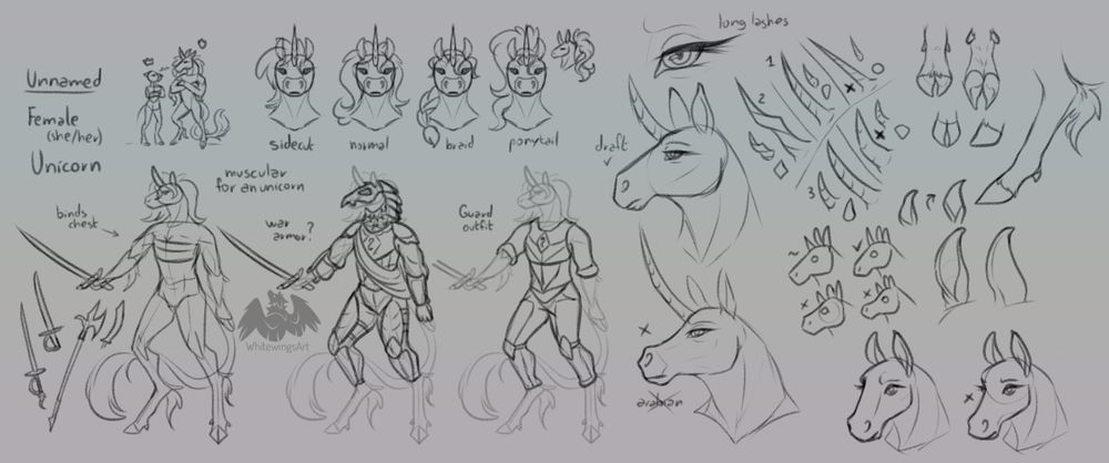 Exploratory sketches of a muscular female unicorn, mostly to decide her shapes, details and overall vibe.
Specifically, this contains explorations of hairstyles, bodyshape and outfits/weapons, headshape (wanted to move away from the pointy/arabian horse look often associated with unicorns), horns and some other features.