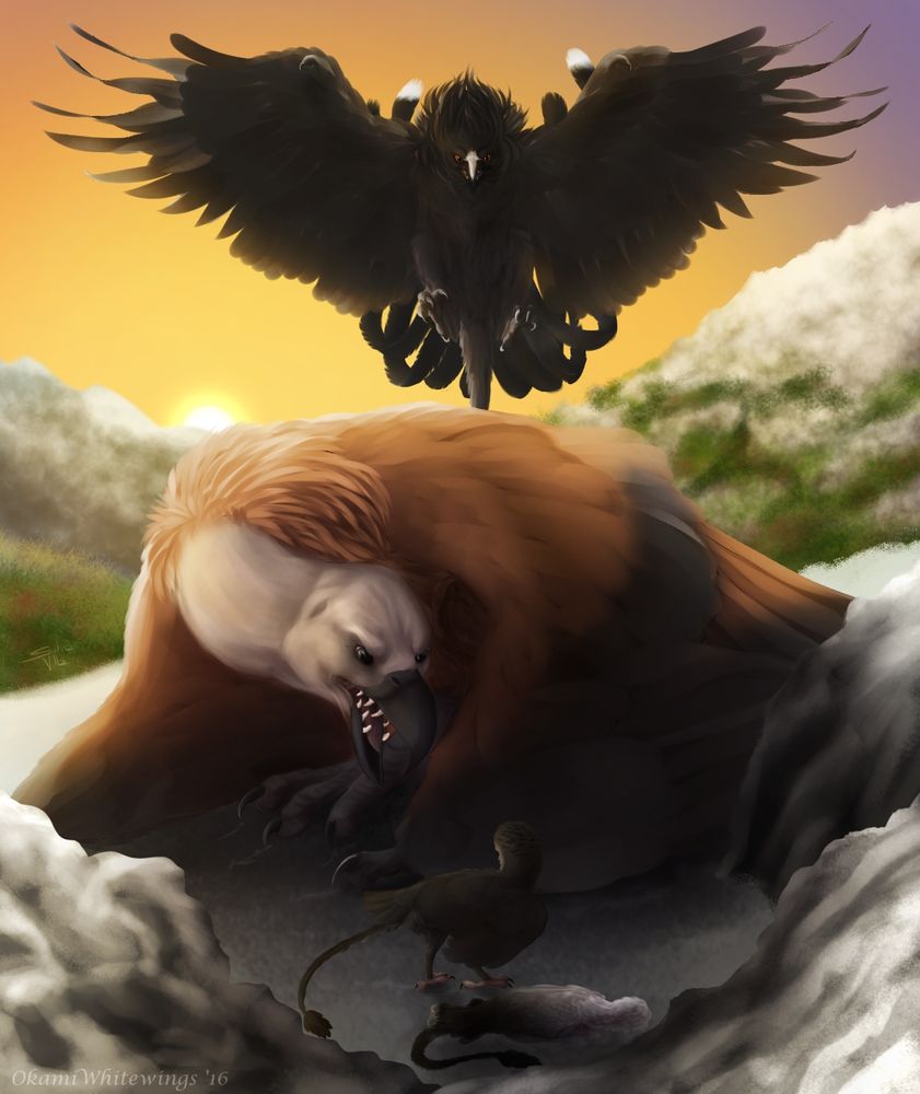Painting featuring four dracostryx (bird dragons, specifically egle, griffon vulture and owls). The black dragon is swooping in to attack the big vulture-like one, who is threatening two young siblings (one is defending her unconscious brother).
Art from 2016