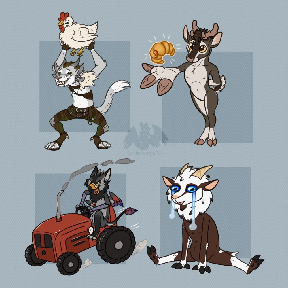 Doodles of a charr holding up a chicken, a fallow deer holding out his hand with a cornetto brioche gift, a griffon driving a tractor and a goat sitting on the ground, stunned and with huge tears coming down her face.