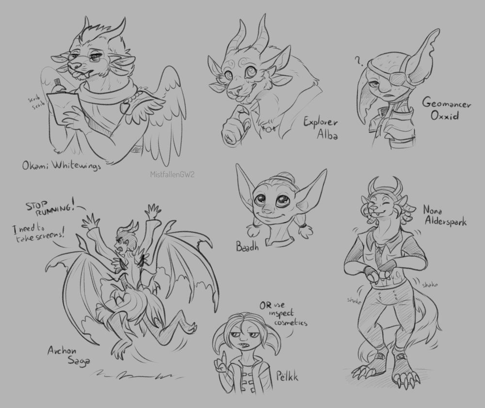 Collection of doodles: my very tired fursona turned charr scribbling on paper, portraits of a charr and two asura, one dragon/demon/lich lady and another asura stating the obvious, and a charr dancing.