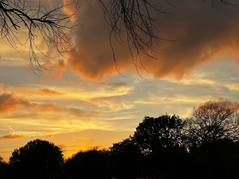 A cloudy sky and sunset with silhouettes of trees