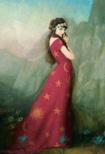 Art by Stephen Mackey, woman with moon and stars red dress, fairy wings in her back. Backdrop is light blue green mountains 