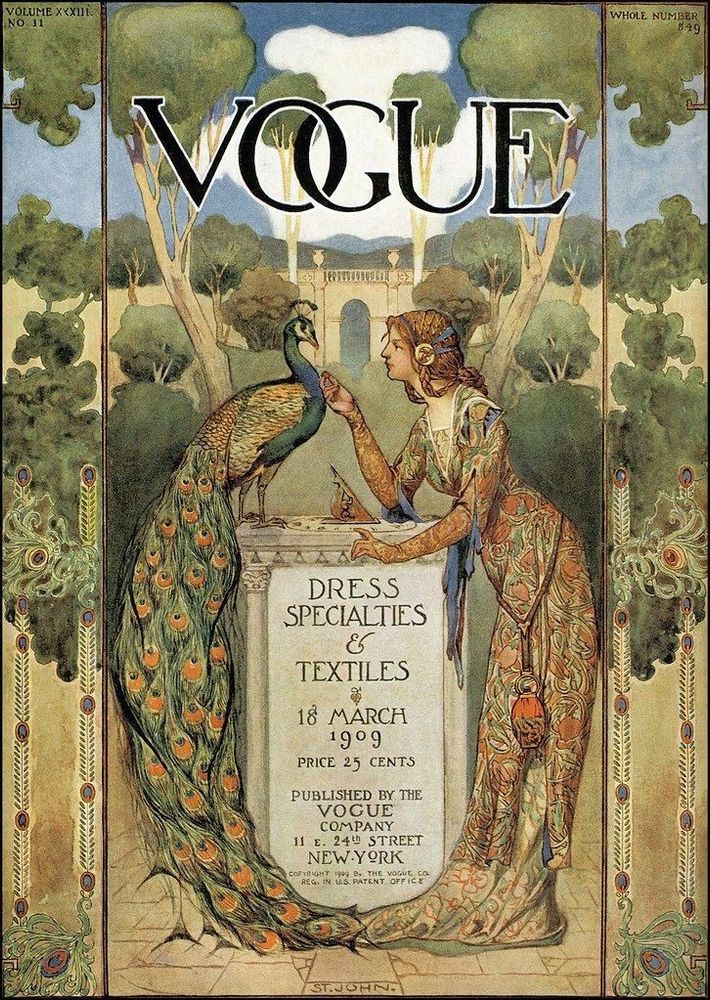Vogue vintage magazine published 1909. A portrait of a woman stroking a peacock in a garden setting.