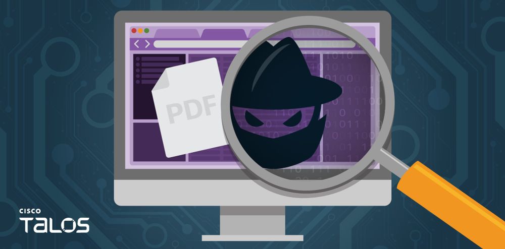 Magnifying class held up to a computer screen with a PDF file icon. The magnifying glass reveals a threat actor behind the PDF.