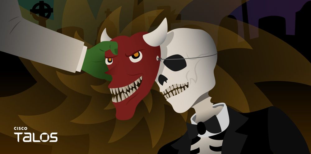 Image of green hand pulling a devil mask off of a skeleton in a suit.