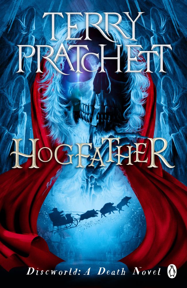 Cover for Hogfather by Terry Pratchett. Depicts skeletal Death dressed as Discworld's version of Santa. We also see a silhouette of a sleigh being pulled through the sky by wild boars.