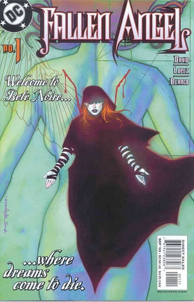 Cover for Fallen Angel #1. A red haired woman in a cloak and straps around her arms. She floats in front of a larger diagram of her own naked back. The diagram shows where her wings were cut off. Text on the cover reads: "Welcome to Bete Noire... where dreams come to die."
