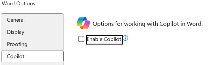 Screenshot showing Word's options menu / Copilot / Enable Copilot check box