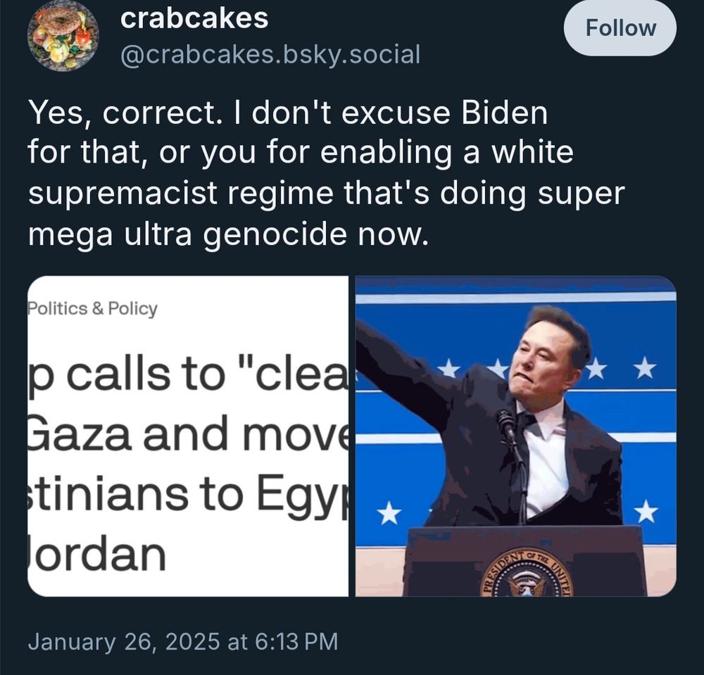 Screengrab of reply reading "Yes, correct. I don't excuse Biden for that, or you for enabling a white supremacist regime that's doing super mega ultra genocide now."