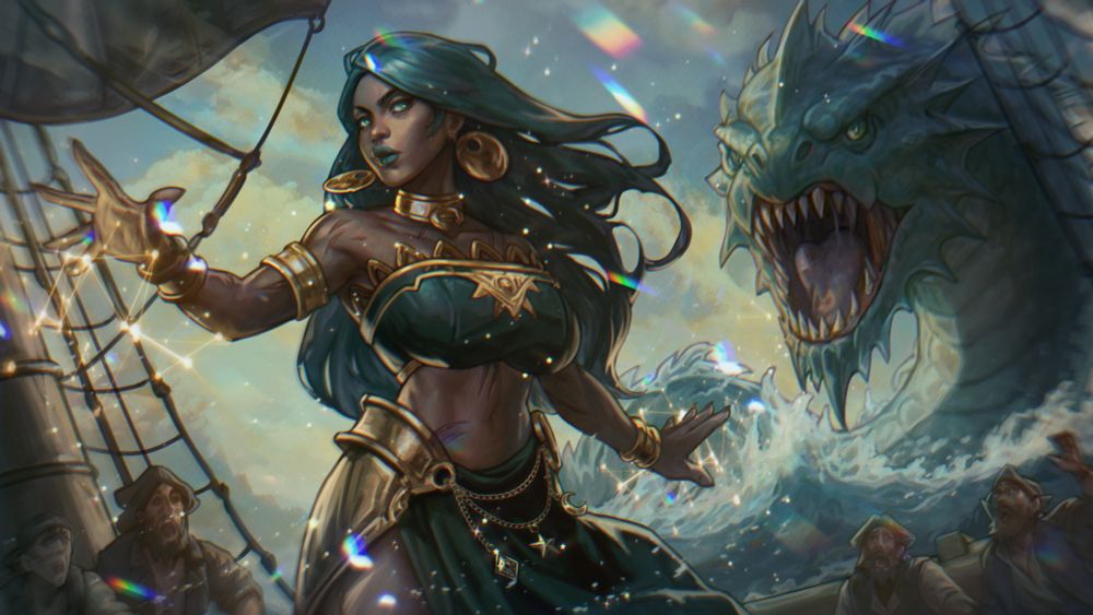 Dark skinned woman with green hair and tunics casting magic to defeat a Leviathan coming out of the sea. She's on a ship and the other members of the fleet are scared and running in despair