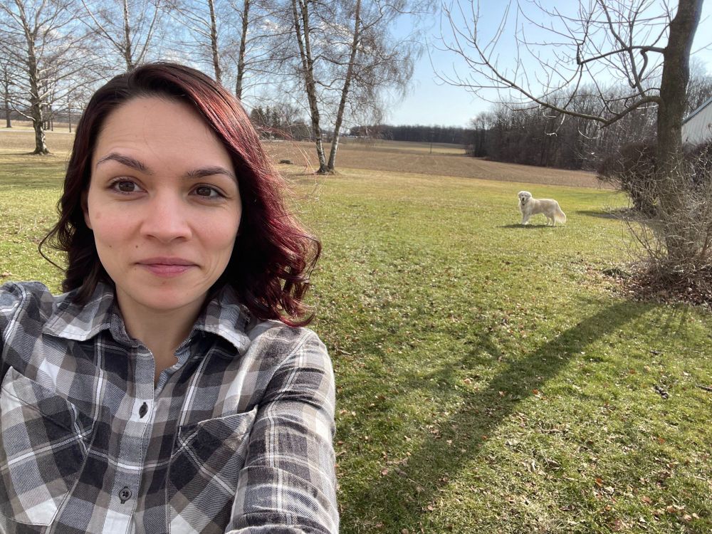 White dog staring at his owner from a distance, clearly trying to enjoy the yard instead of pose for a picture.