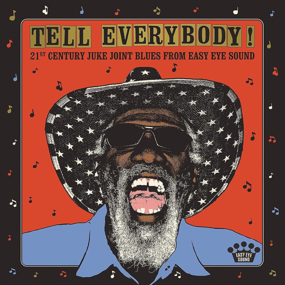 Album cover showing an old blues man in a stars and strips stetson and sunglasses laughing or yelling, but looking very cool.