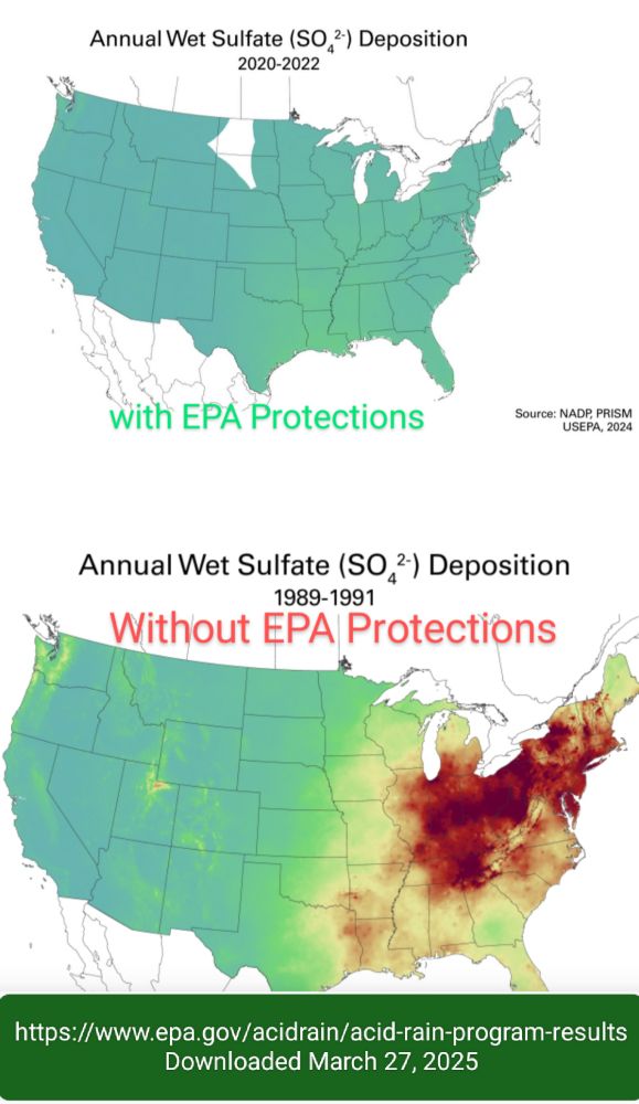 Two maps of the United States, showing acid rain decreased after the environmental protections were in place. Results include annual SO2 (Sulfur Dioxide) reductions of over 95% and annual NOX (Nitrogen Oxides) emissions reductions of over 89%. These maps specifically show 
wet sulfate deposition – a common indicator of acid rain – dropped by more than 70% between 1989-1991 and 2020-2022. 

The Long Term Monitoring program (LTM), another monitoring program within EPA, observes surface waters to determine the effects of acid rain on aquatic ecosystems.  During the time period in which wet sulfate deposition decreased, LTM data show an 81% improvement in the number of monitored streams and lakes that experienced critical load exceedances, an indicator that reveals when acid deposition levels are causing harmful effects.

Before the environmental protections were in place the maps show major concentrations of acid rain induced wet sulfate deposition stretch I from Chicago to New York (Monitored from 1989-1991).