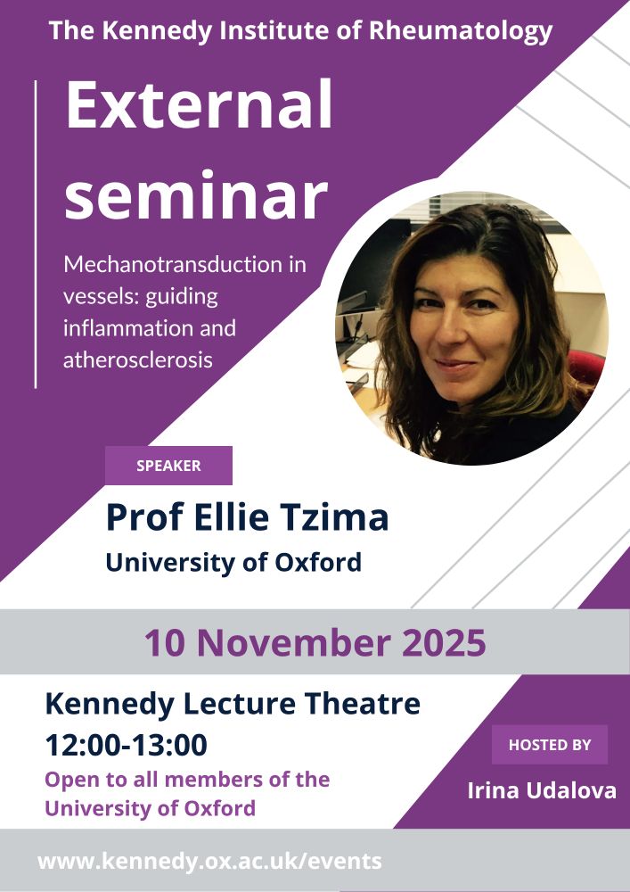 A purple and white poster reads "The Kennedy Institute of Rheumatology External Seminar: Mechanotransduction in vessels: guiding inflammation and atherosclerosis". Prof Ellie Tzima, University of Oxford. 10 November 2025 in the Kennedy Lecture Theatre, 12:00-13:00. Open to all members of the University of Oxford. Hosted by Irina Udalova.
