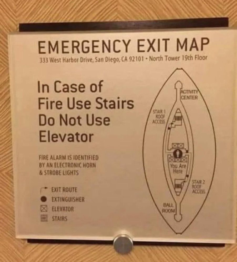 An emergency exit map asking in case of an emergency using stairs as opposed to the elevators. But the shape of the building resembles somewhat of a vagina, and rather along where you would find a place that most men seem to find. Difficulty locating with. Both hands on a flashlight are where the stairs are
