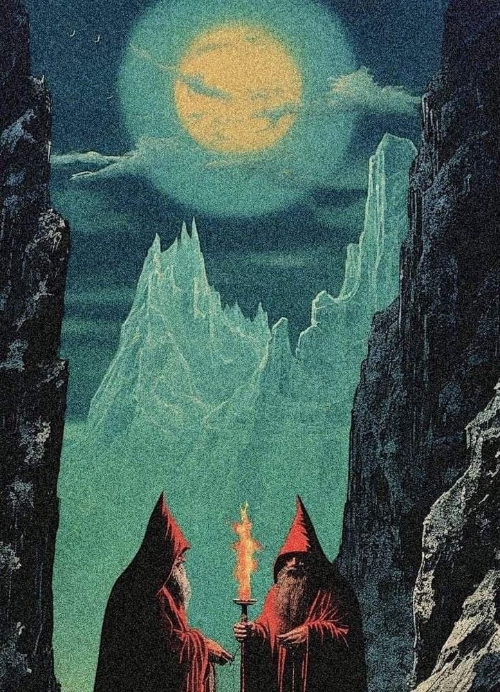 It is a moon lit night in a narrow valley of a high mountain spooky terrain. The moon has a halo that makes it look twice its own size, and is only barely covered by slightly wispy clouds. The mountains in the distance are blueish white from the splash of the moons haunted hues, but in between the walls of darker rock that crowd in to the foreground, two-robed creatures that are likely men stand lit by a torch that one of them holds like a holy relic. Their hoods are pointed and drawn up over their heads, but we can see the whites of their long impressive beards that make them look like wizards, though perhaps they are merely otherworldly cultists. Their faces are in shadow and they are hunched suspiciously, as if they are up to some dark mischief and their hands are raised in a way that you cannot tell if they are conversing, about to exchange items, or casting some spell.
