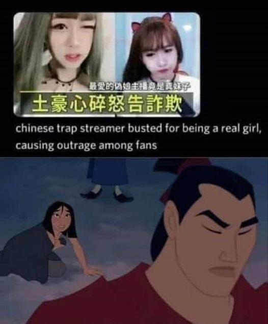 A news article that says "Chinese trap streamer busted for being a real girl, causing outrage among fans" paired with a frame of Mulan with Mulan on the snow having been exposed as a woman with  a heartbroken Shang turning his back on her