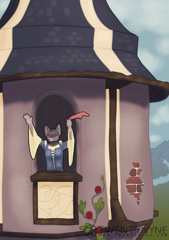birdfox anthro in a medieval dress waving a rag while in a tower with roses climbing up the side