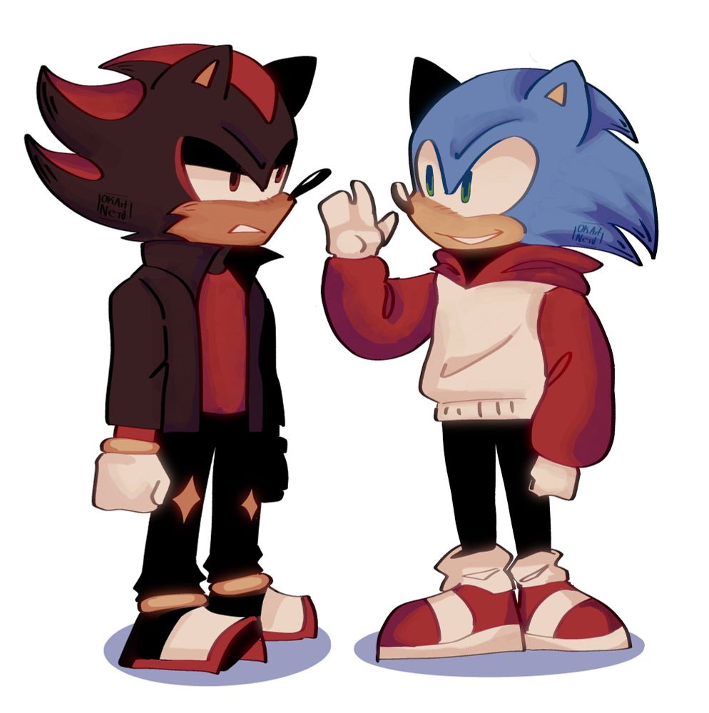 a drawing of Shadow and Sonic standing together with no background. Shadow has his arms to his side, looking pissed. he has his usual clothes on, along with some pants with a star design and a red shirt and a leather jacket. Sonic is wearing his usual clothes and some black pants, and a red and white hoodie. sonic is smiling and waving while looking at shadow. they both have cutesy proportions and coloring.