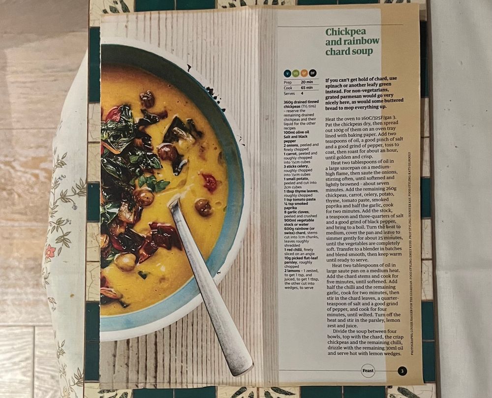 The recipe for said soup, taken from a magazine. The page on the far right is yellowed with age.