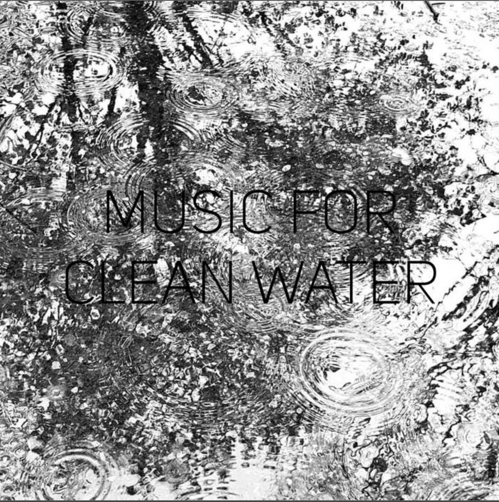 Screencap from Bandcamp of the cover art of the compilation ‘Music For Clean Water’. A monochrome image of some standing water with a tree reflected in it. There are ripples on the water possibly caused by rain drops. The title (in a severe black font in all caps) is just visible in the centre of the image.