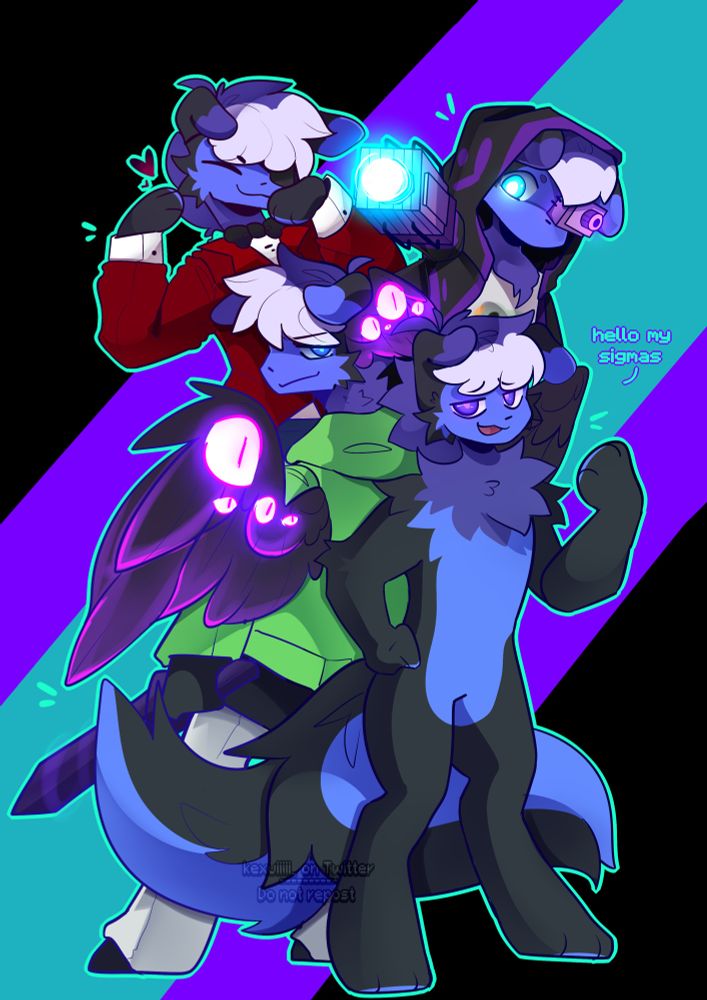 An art piece featuring 4 different drawings of a gray and blue dog named Kori.
The top left is Kori posing in a red suit, based on the group they are in called the Full Deck Dynasty.
The top right is Kori as a cyborg, charging up their blaster on their hand. They are also wearing a black & purple hoodie with a cyborg eye.
The bottom left is the lore version of Kori. He’s wearing a green frog hoodie, but has purple jodah wings coming out their back. They’re also side eyeing at the camera.
And in the bottom right, it’s the regular version of Kori. He has his hand up and says the words “hello my sigmas” towards the camera.