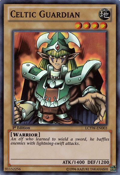 A Yu-Gi-Oh card titled "Celtic Guardian", a tan card with four stars on the top right of the card, and a picture of an elf wearing green and brown armor in the center. There are purple markings underneath his eyes, and blonde hair. The description claims he is a Warrior, stating "An elf who learned to wield a sword, he baffles enemies with lightning-swift attacks." The monster is described as having fourteen hundred attack and twelve hundred defense.
