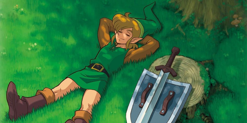 A picture of Link from the Legend of Zelda, laying in the grass while his sword and shield are resting upon a tree stump. He looks at peace.