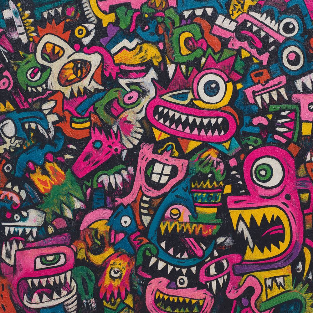 A vibrant and chaotic composition filled with cartoonish monsters and abstract shapes, rendered in a bold, graphic style reminiscent of street art or outsider art.  The monsters are depicted with exaggerated features, such as large teeth, bulging eyes, and distorted limbs, creating a sense of playful menace. The shapes are geometric and organic, often overlapping and intersecting to create a dense and dynamic composition. The overall effect is one of energy and exuberance, with a touch of dark humor. The artwork is characterized by its raw, unrefined aesthetic, with visible brushstrokes and a lack of polish. The composition is dense and chaotic, with little negative space, creating a sense of claustrophobia and intensity. The artwork is likely created using acrylic paints or markers on paper or canvas. (Prompt credit: (X) @heathergreen).