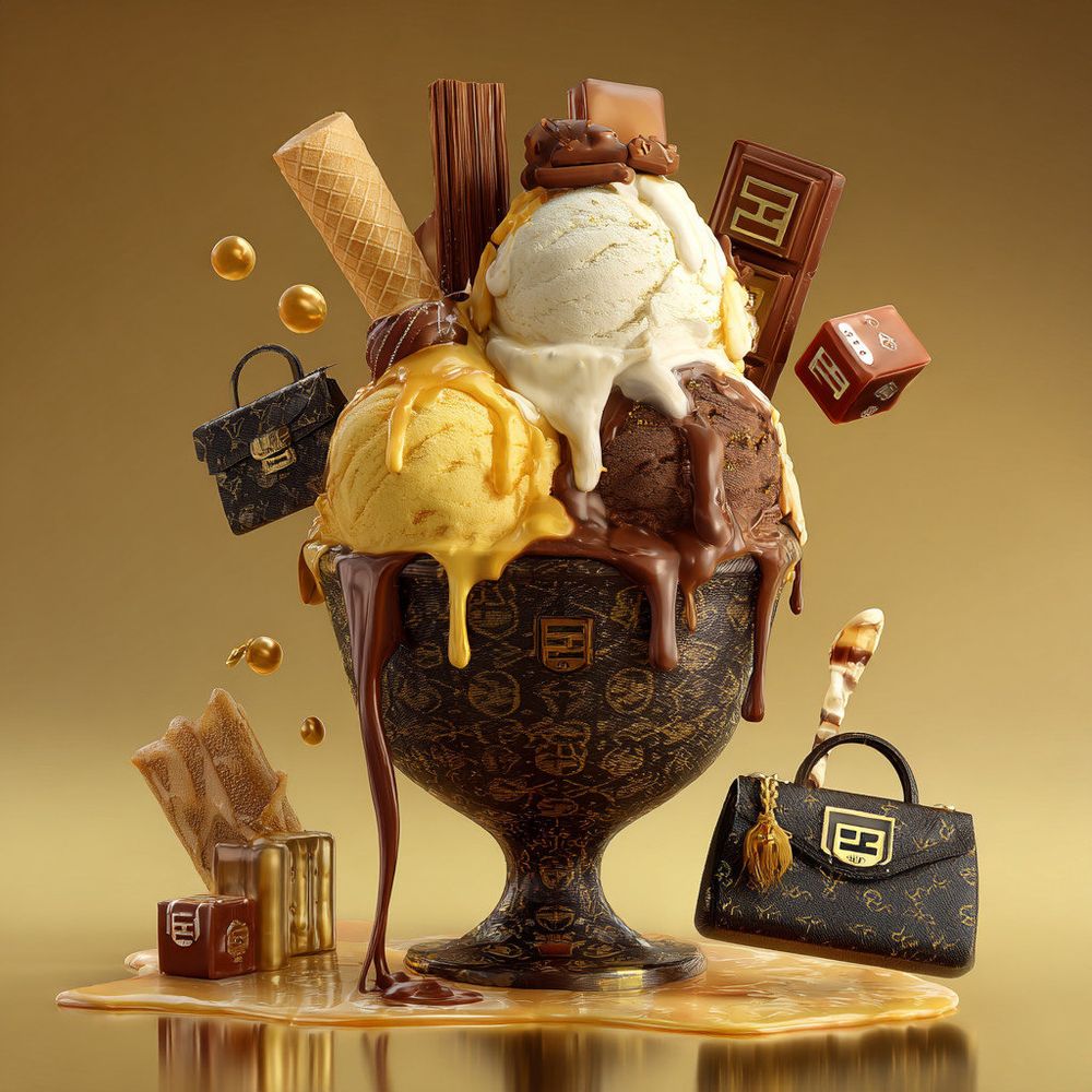 A hyper-stylised luxury dessert inspired by Dolce & Gabbana. A decadent ice cream sundae served in a chocolate-textured goblet embossed with the iconic Dolce & Gabbana gold monogram. The dessert features scoops of artisanal gelato in vanilla, caramel and chocolate, topped with luxe chocolate bars and designer wafer sticks. Surrounding the sundae are floating Dolce & Gabbana-themed items: Mini handbags, gift boxes, and dice. All crafted from chocolate or leather textures. The scene is set against a smooth caramel-to-gold gradient background, with dripping white glaze and golden syrup accents. High-fashion food photography style, ultra-detailed, 3D-rendered, glossy finish, cinematic lighting, elegant reflections, editorial surrealism. (Prompt credit: (X) @Gus_Artman_AI).