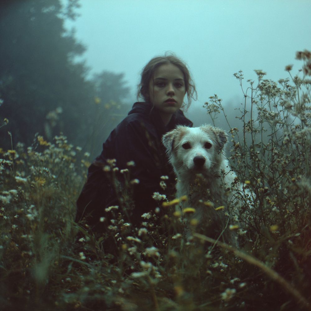 Fields at dawn, light rain. Girl with small pet dog crouching in grass.
