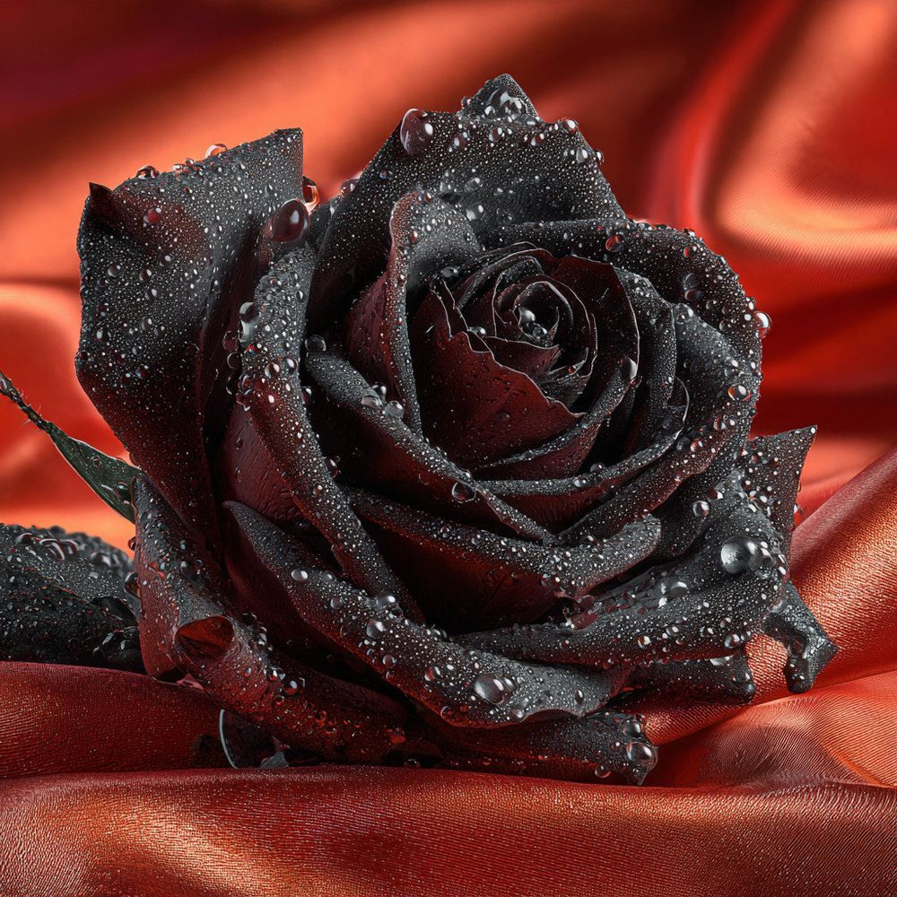 A hyper-realistic, ultra-detailed black rose with velvet-like petals, covered in shimmering water droplets. The rose is set against a visibly smooth and light reflecting, flowing red silk fabric background that glows softly with highlights and shadows. The petals of the rose appear almost matte black, contrasting strikingly with the glossy silk beneath. The droplets glisten with high-shine reflections, adding a sense of sensuality and mystery. Cinematic lighting, high fashion editorial photography style, moody elegance, soft depth of field, 4K resolution, luxurious and dark romantic aesthetic. (Prompt credit: (X) @natalialchemica).