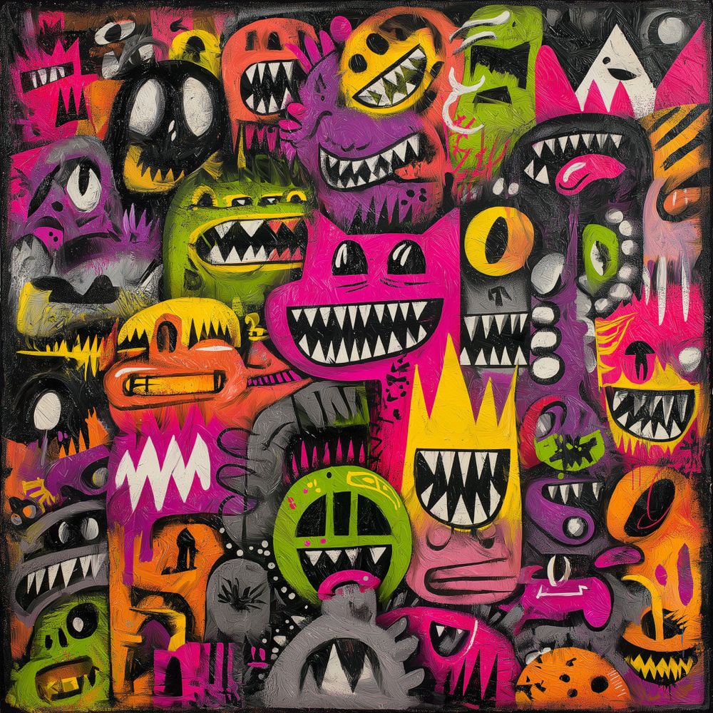 A vibrant and chaotic composition filled with cartoonish monsters and abstract shapes, rendered in a bold, graphic style reminiscent of street art or outsider art.  The monsters are depicted with exaggerated features, such as large teeth, bulging eyes, and distorted limbs, creating a sense of playful menace. The shapes are geometric and organic, often overlapping and intersecting to create a dense and dynamic composition. The overall effect is one of energy and exuberance, with a touch of dark humor. The artwork is characterized by its raw, unrefined aesthetic, with visible brushstrokes and a lack of polish. The composition is dense and chaotic, with little negative space, creating a sense of claustrophobia and intensity. The artwork is likely created using acrylic paints or markers on paper or canvas. (Prompt credit: (X) @heathergreen).